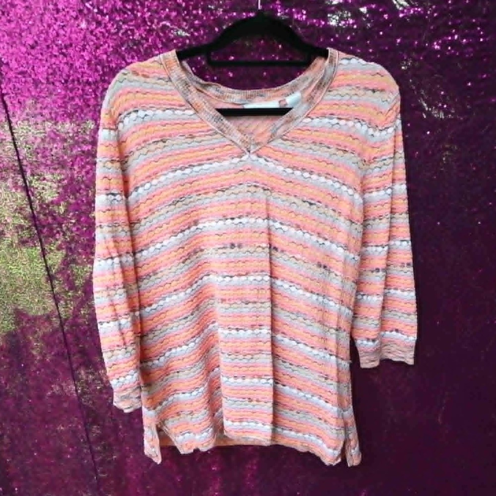 Orange Knit Top 2X JH Collectibles Women V-Neck 3/4 Sleeve Textured Stripe
